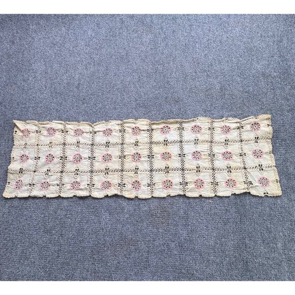 VTG Hand-Crocheted Lace‎ Table Runner With Pink Floral Accents 12" X 40" Boho - Picture 1 of 12